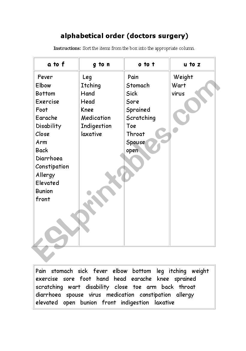 alphabetical order    (doctors surgery)