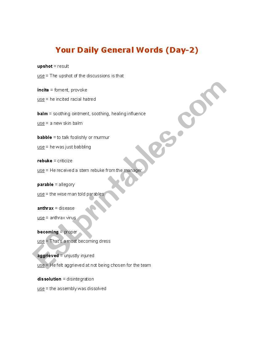 daily vocabulary worksheet