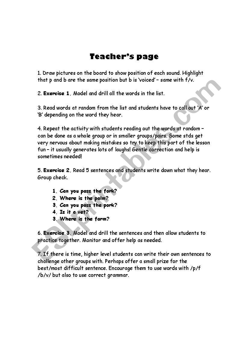 English Worksheets P F B V Pronunciation Worksheet