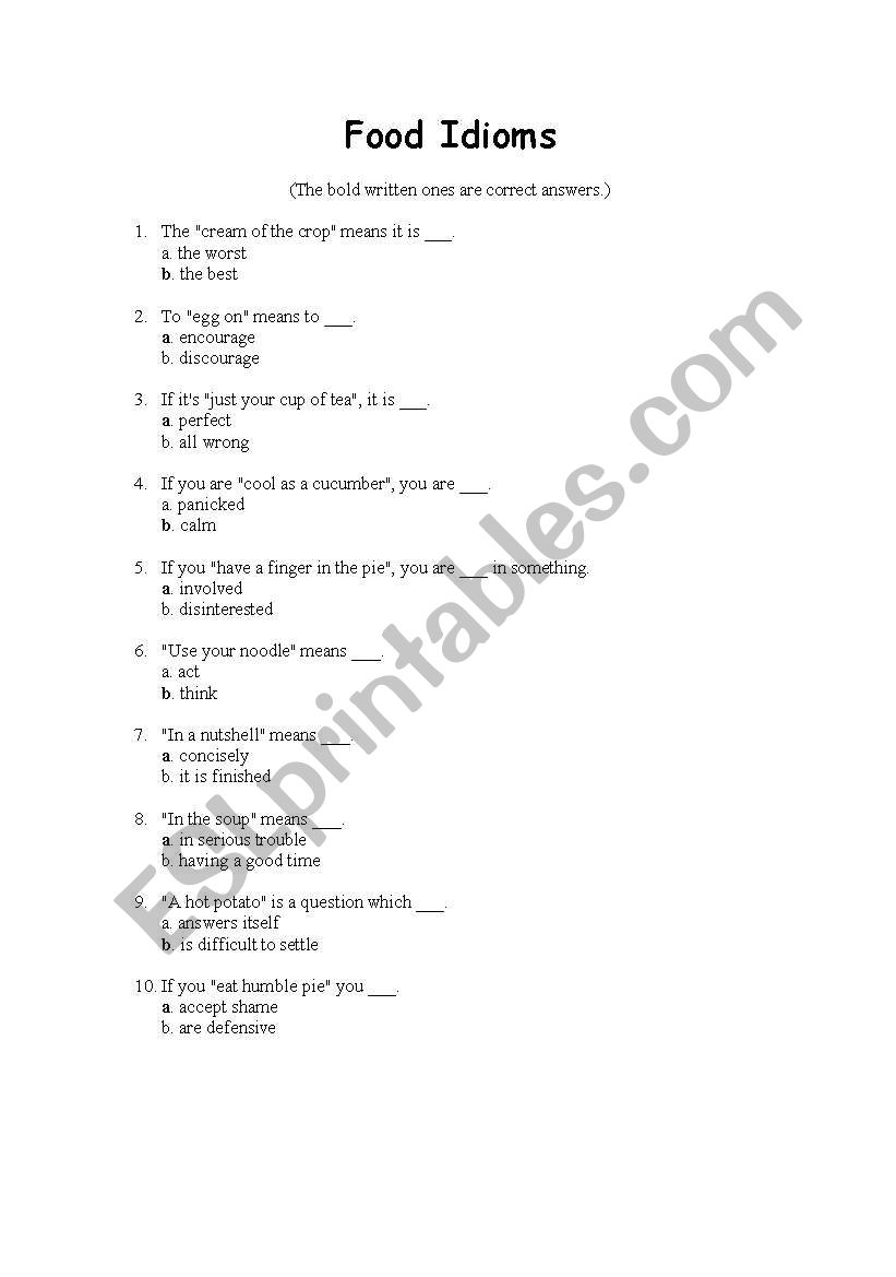 food idioms worksheet