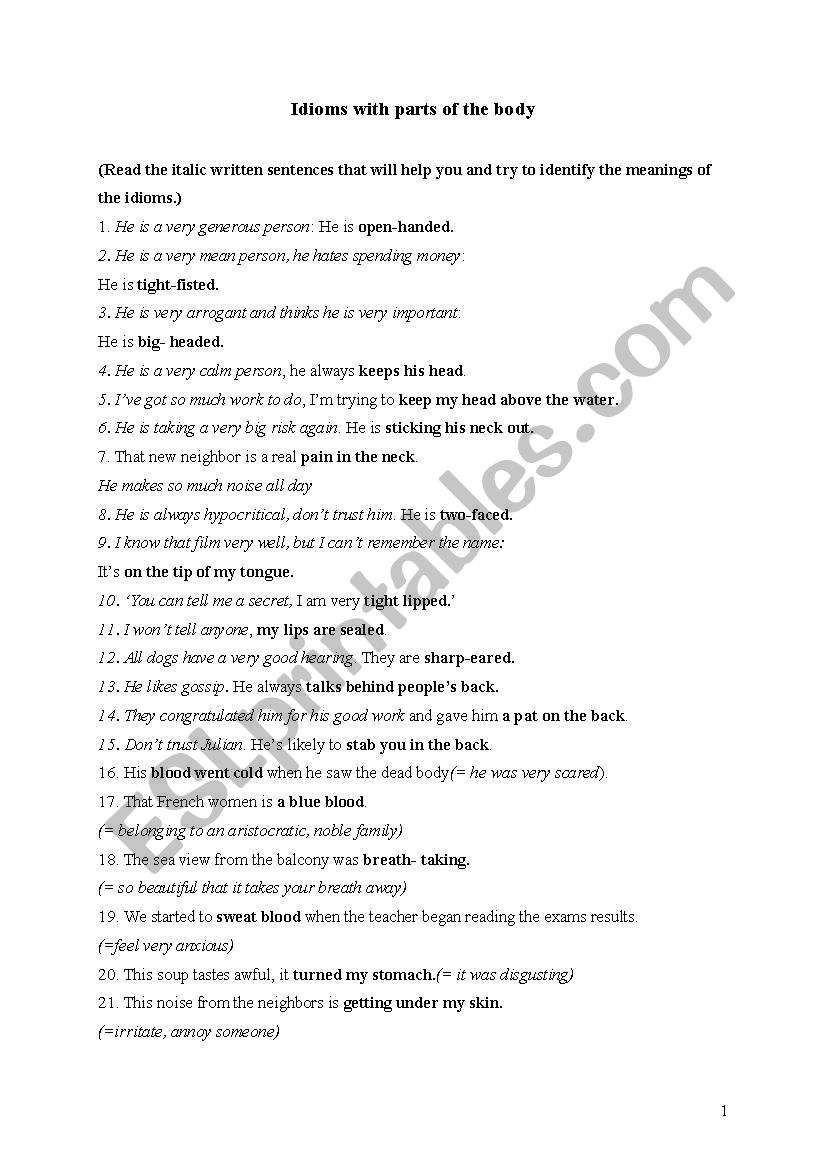 idioms with body parts worksheet