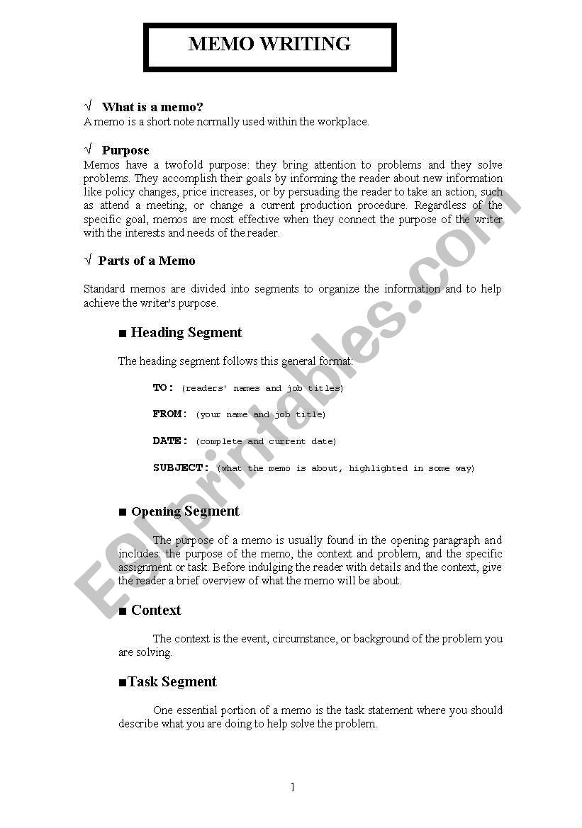 Memo writing worksheet