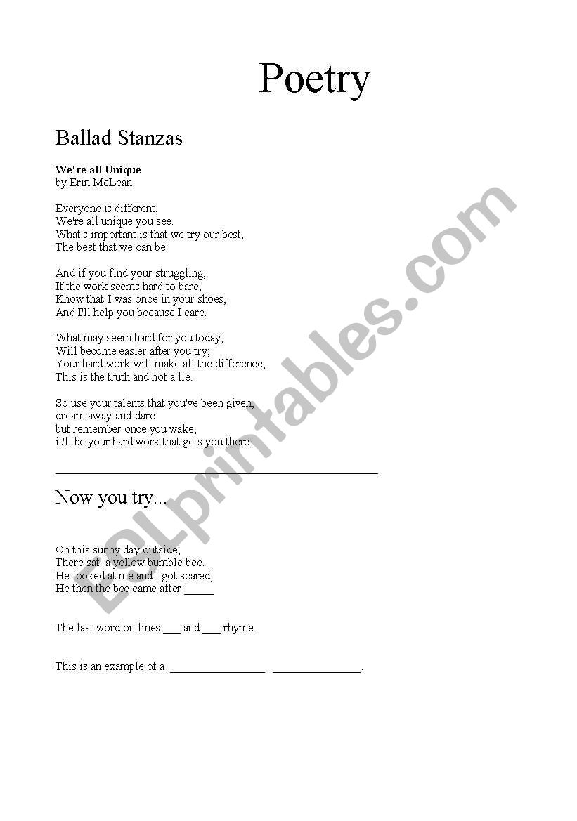 Ballad Stanza Worksheet worksheet