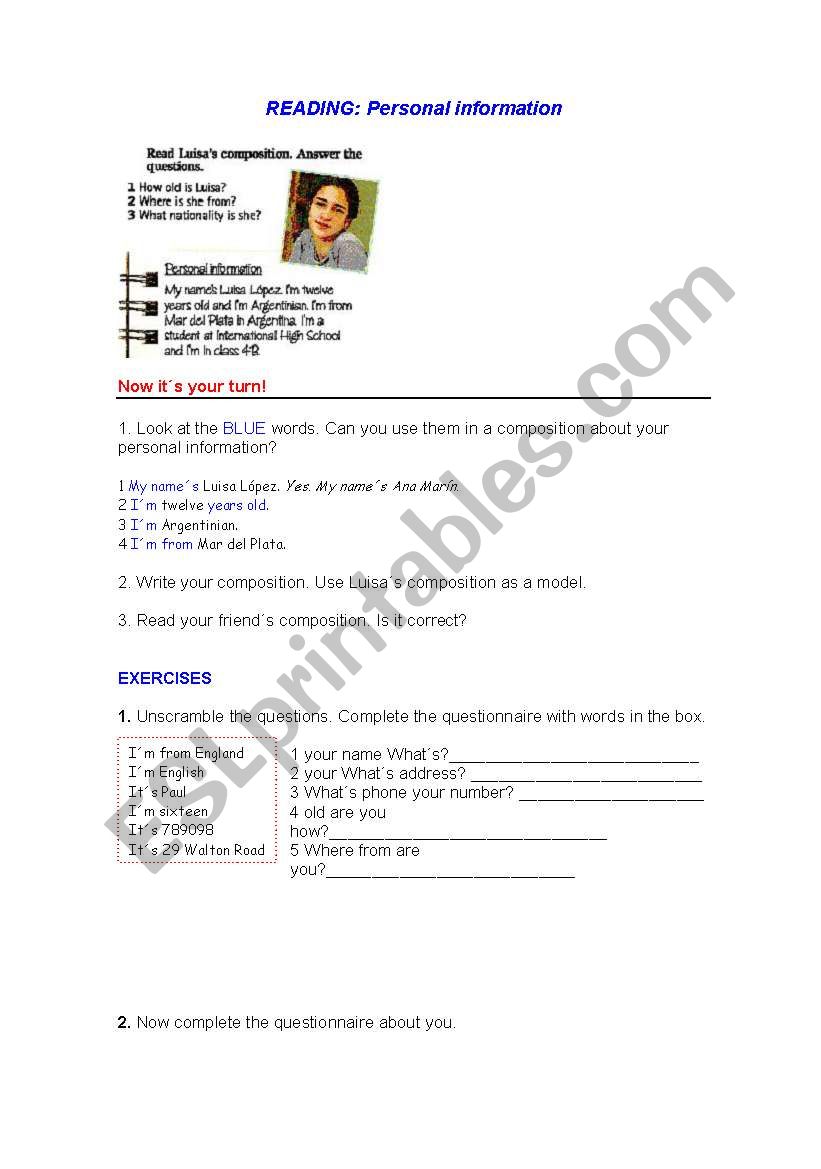 PERSONAL INFORMATION worksheet