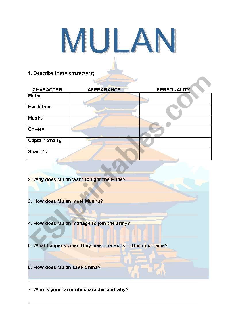 Mulan worksheet