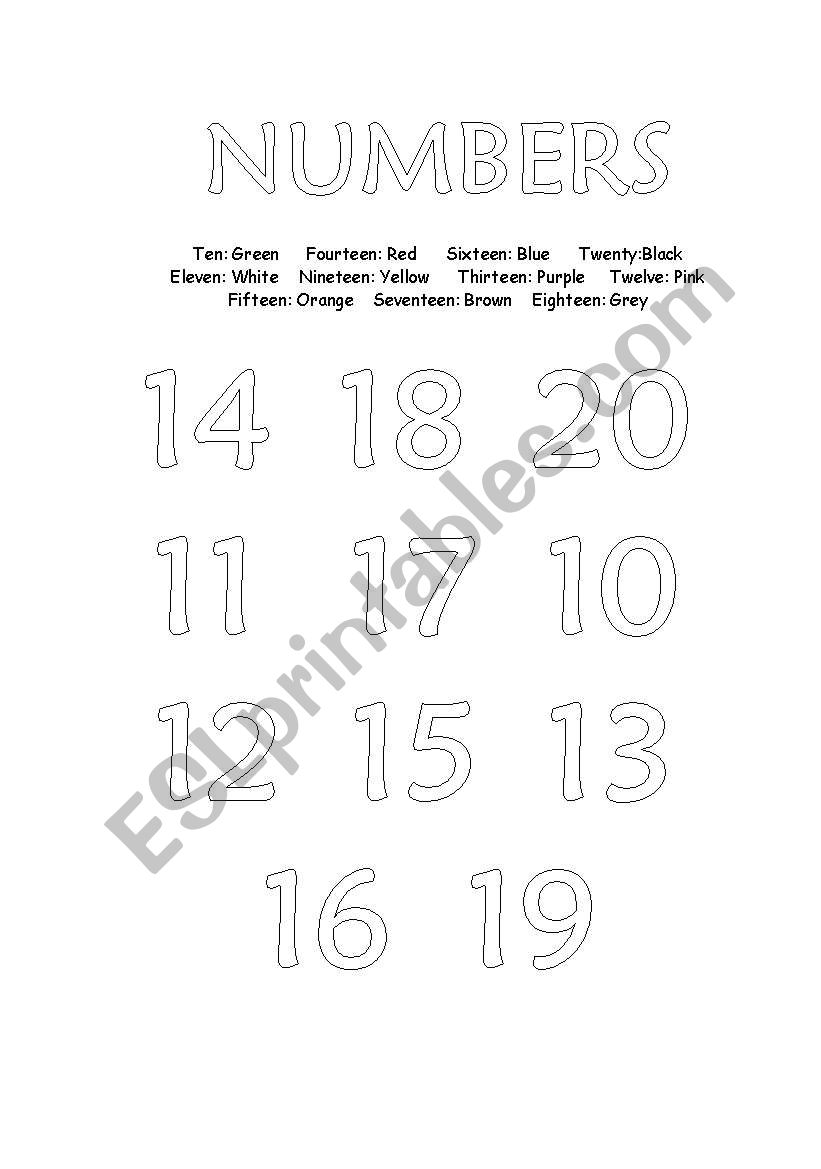 Colours & Numbers 10-20 worksheet