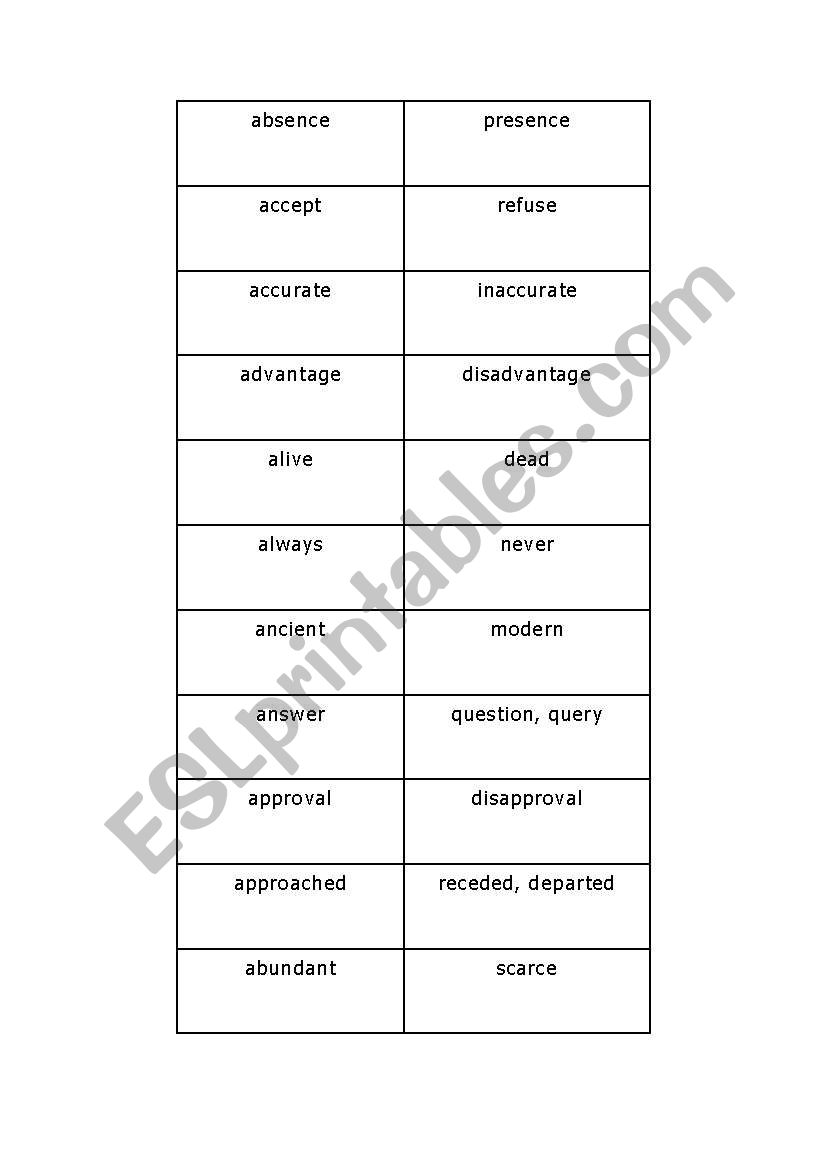 Antonyms Table worksheet