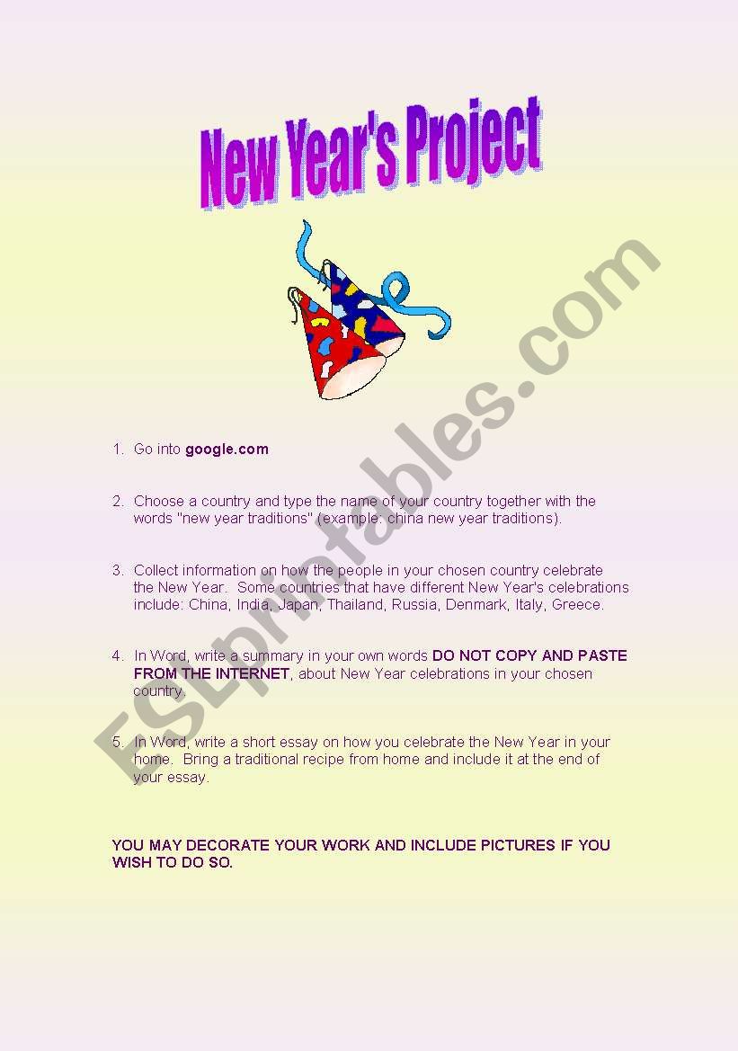 New Years Computer Project worksheet
