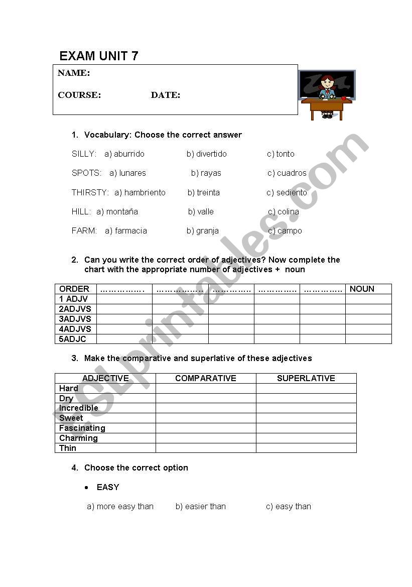 exam on comparisons, past tense and present continuous