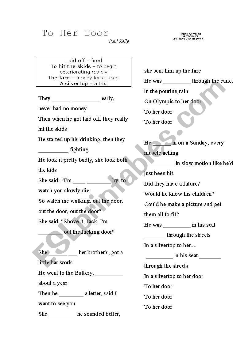 To Her Door - Paul Kelly worksheet