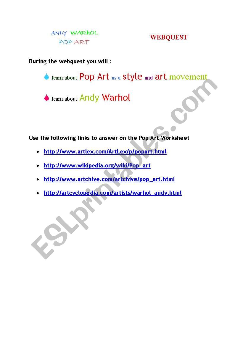 POP ART WEBQUEST worksheet