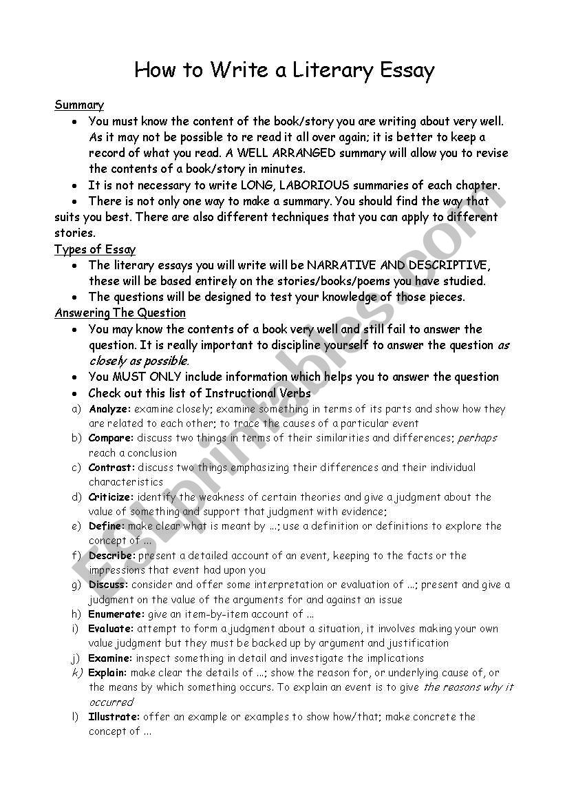 How to write a literary essay worksheet