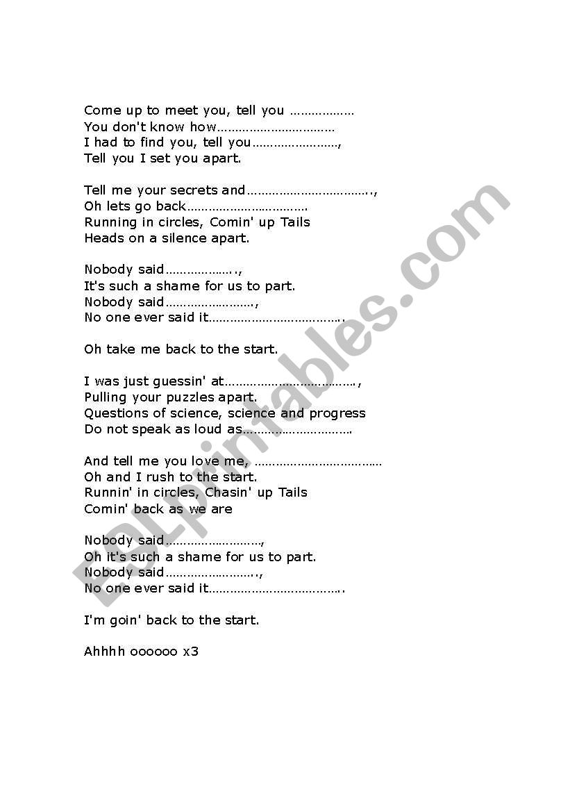 Coldplay lyrics gap exercise worksheet