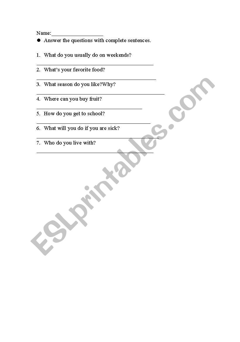 answer questions worksheet