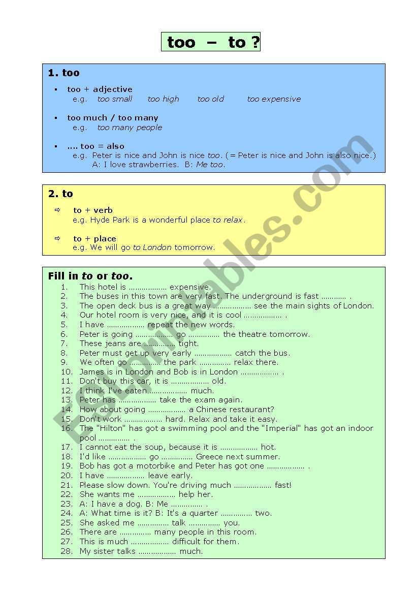 to - too? worksheet