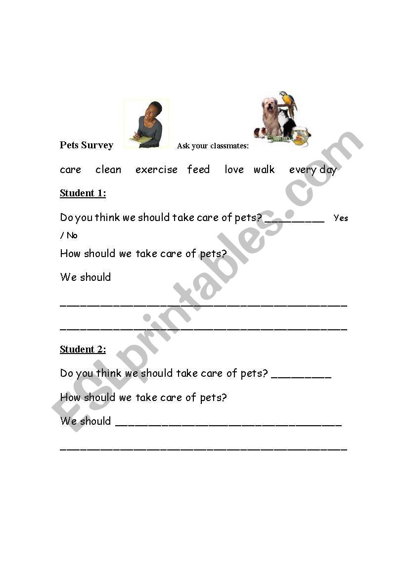 Taking care of pets survey worksheet