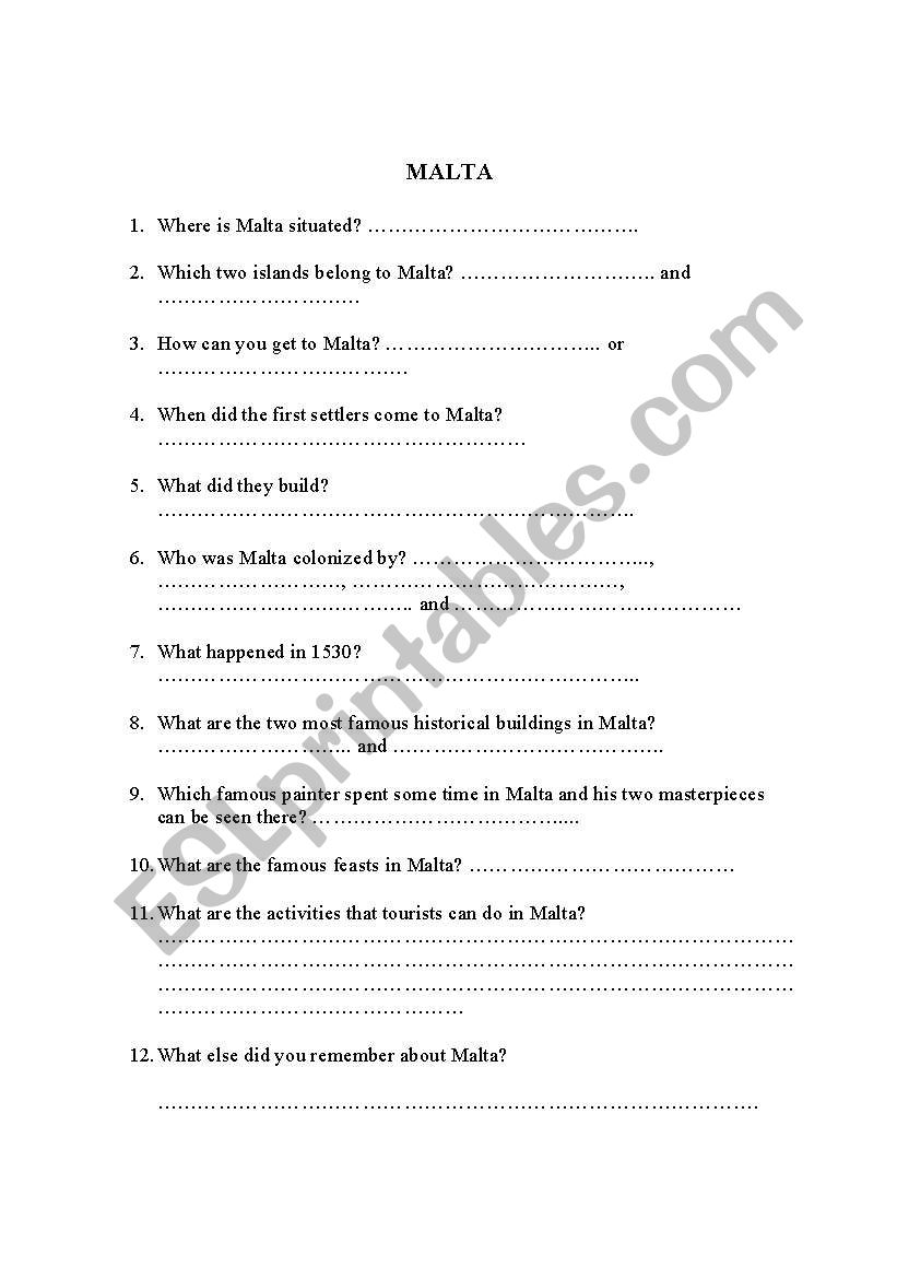Malta factfile worksheet