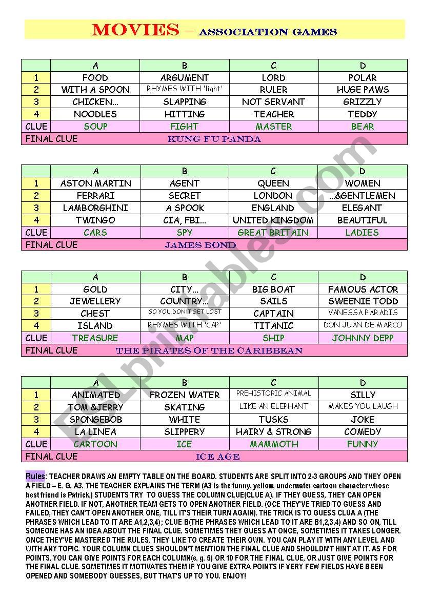 movies-associations games worksheet