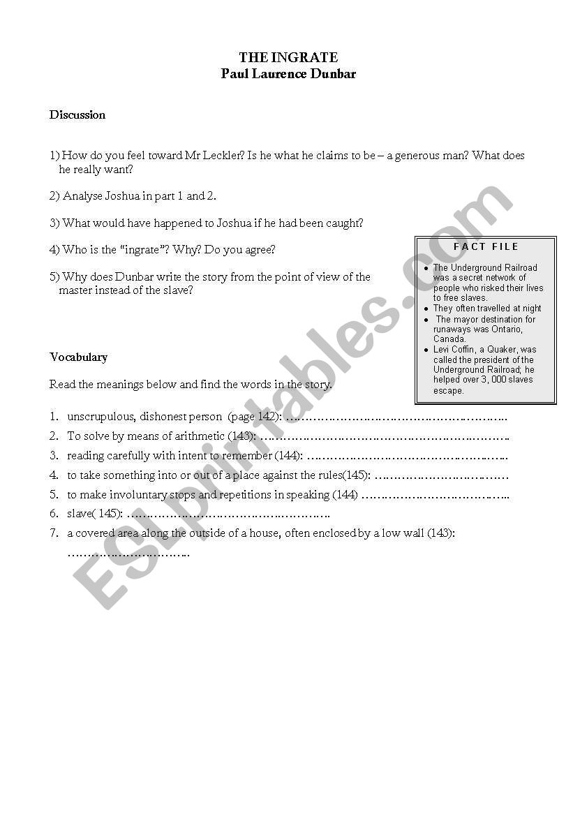 The Ingrate by Paul L  Dunbar worksheet