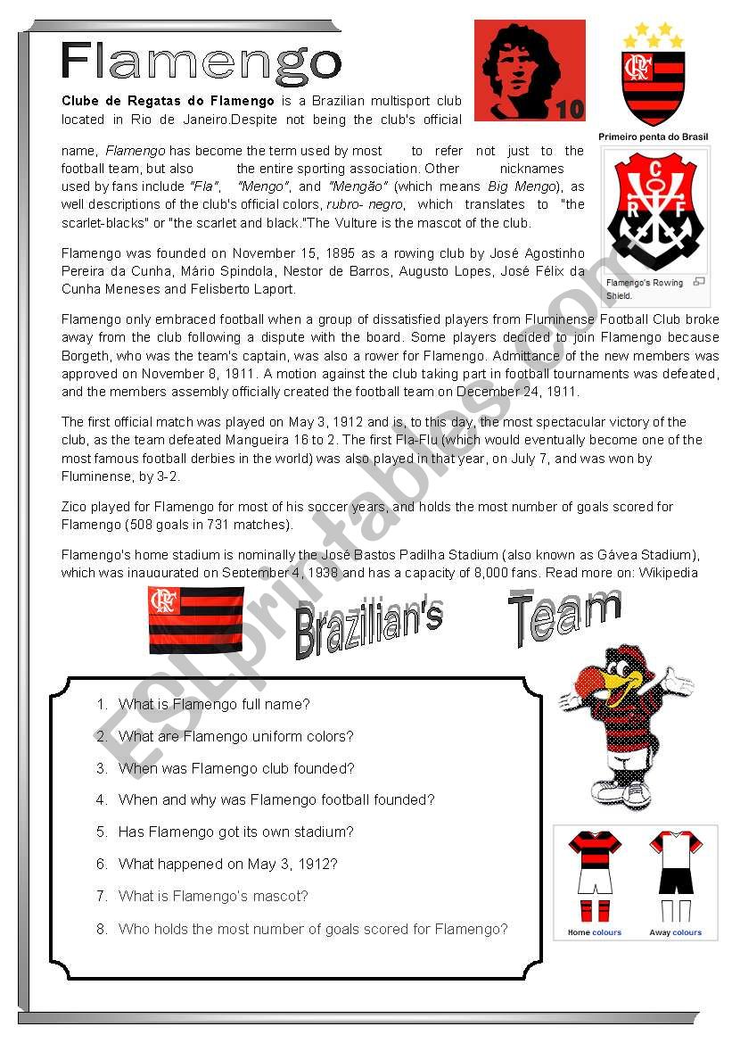 BrazilianÂ´s team - flamengo worksheet