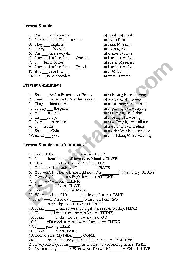 Present Simple and Continuous worksheet