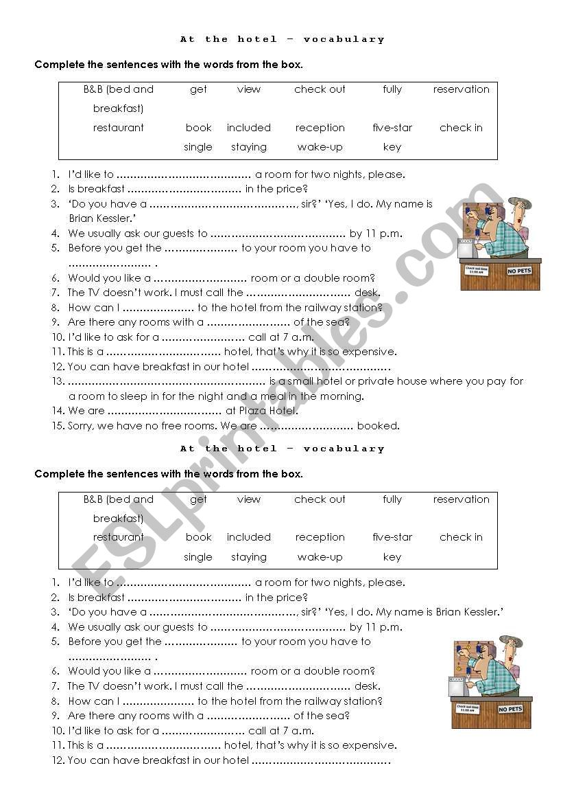 Hotel vocabulary worksheet