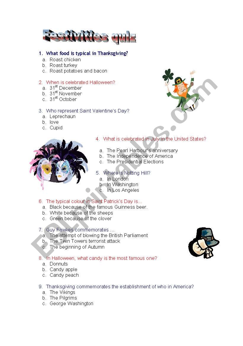 festivities quiz worksheet