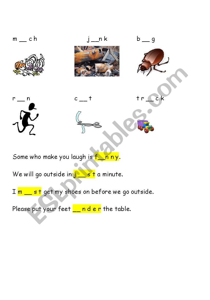 Short U words with pictures worksheet