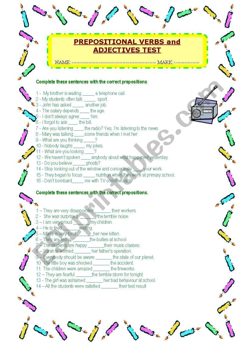 Prepositional Verbs and Adjectives test