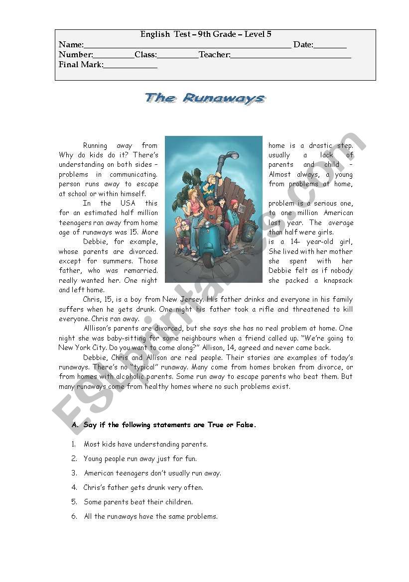 Test  - 9th grade - The Runaways