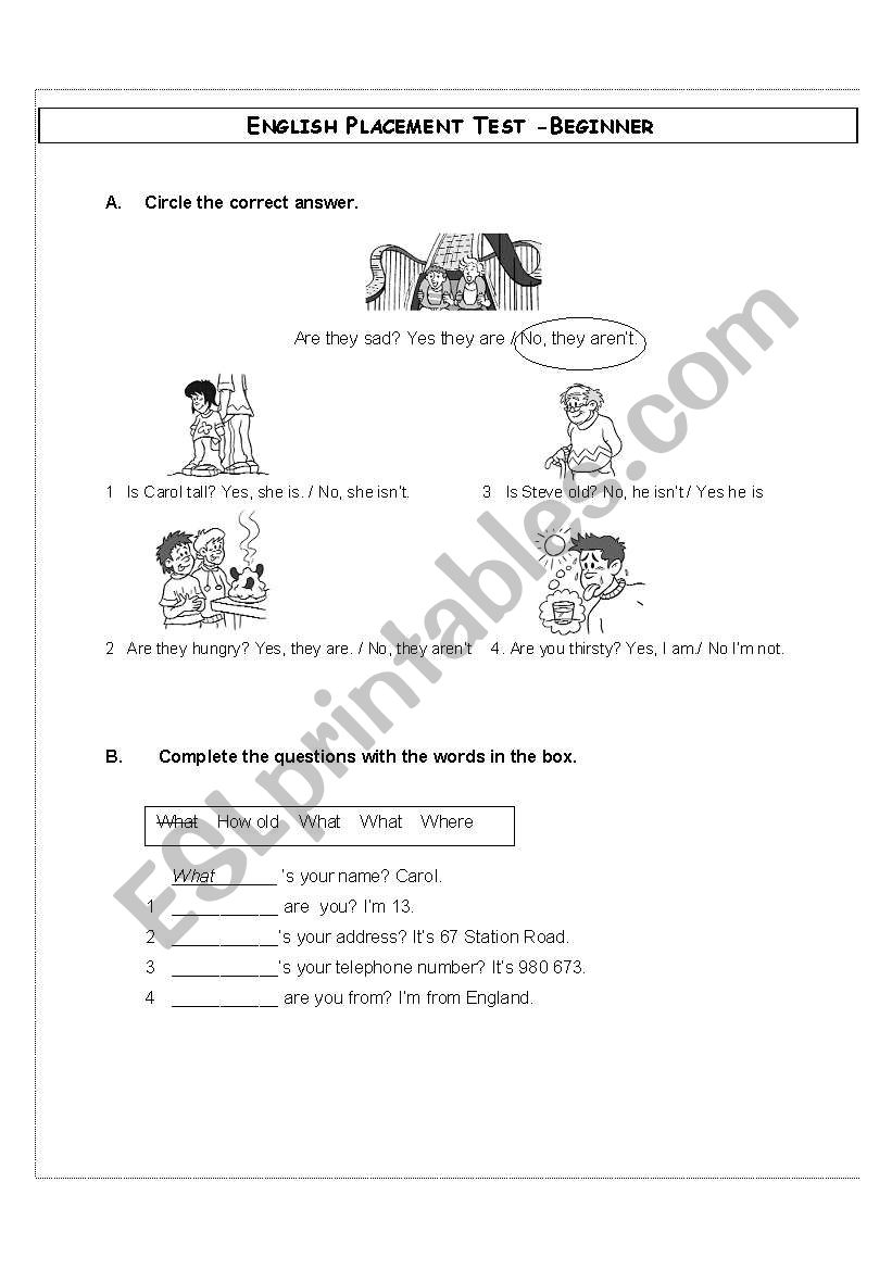 Beginner ESL Test placement with level rubric on bottom