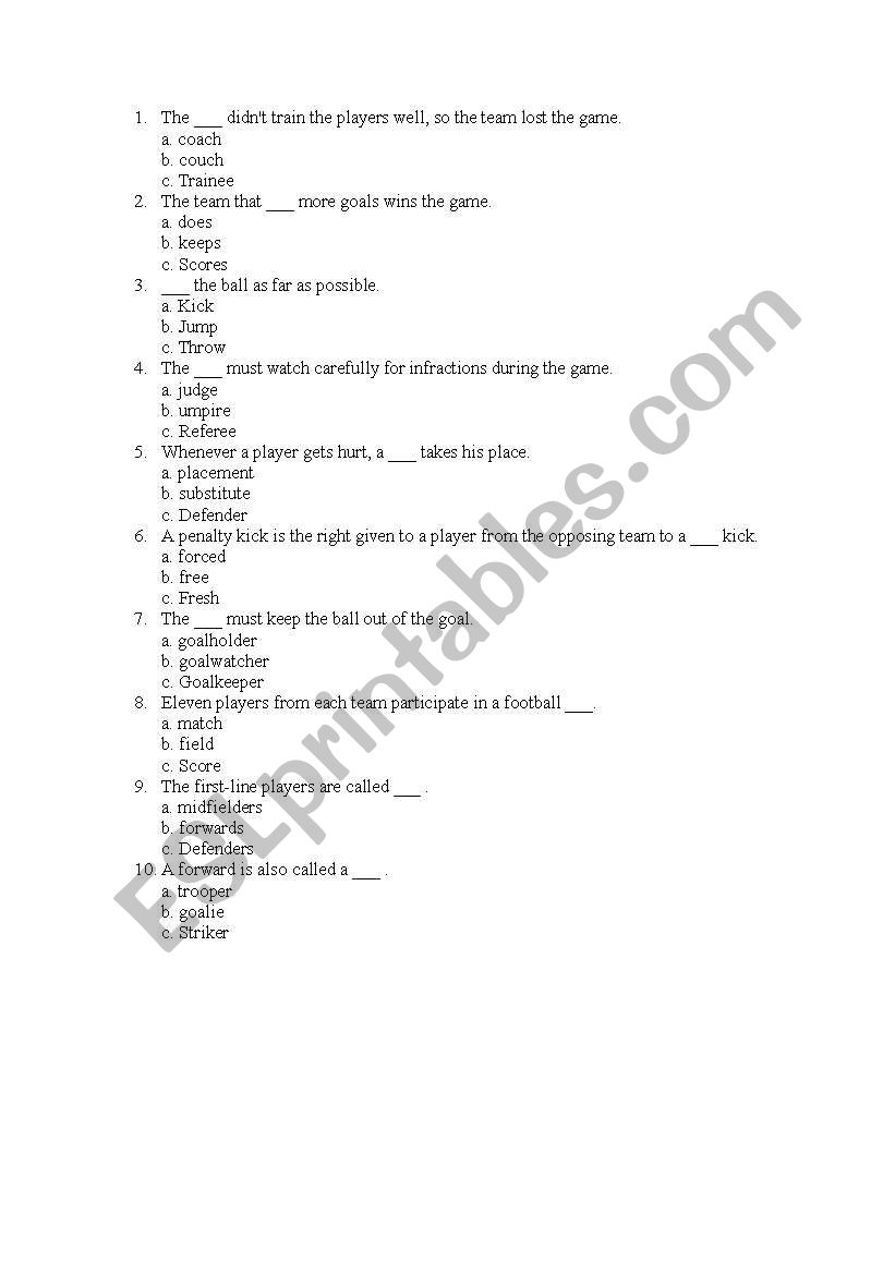Football Vocabulary Quiz worksheet