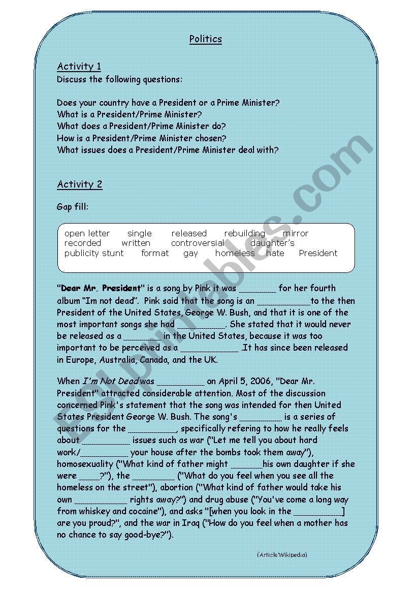 Politics ´Mr President ´ Pink worksheet