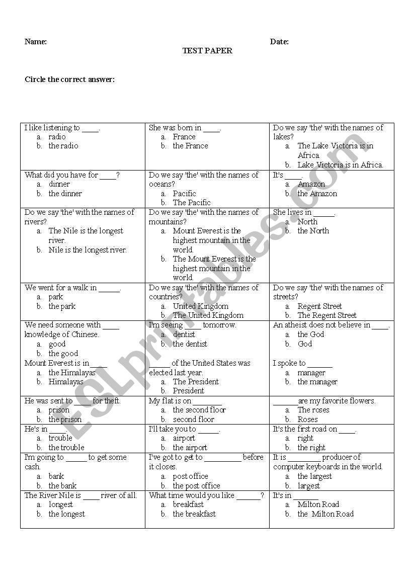 the definite article -test worksheet