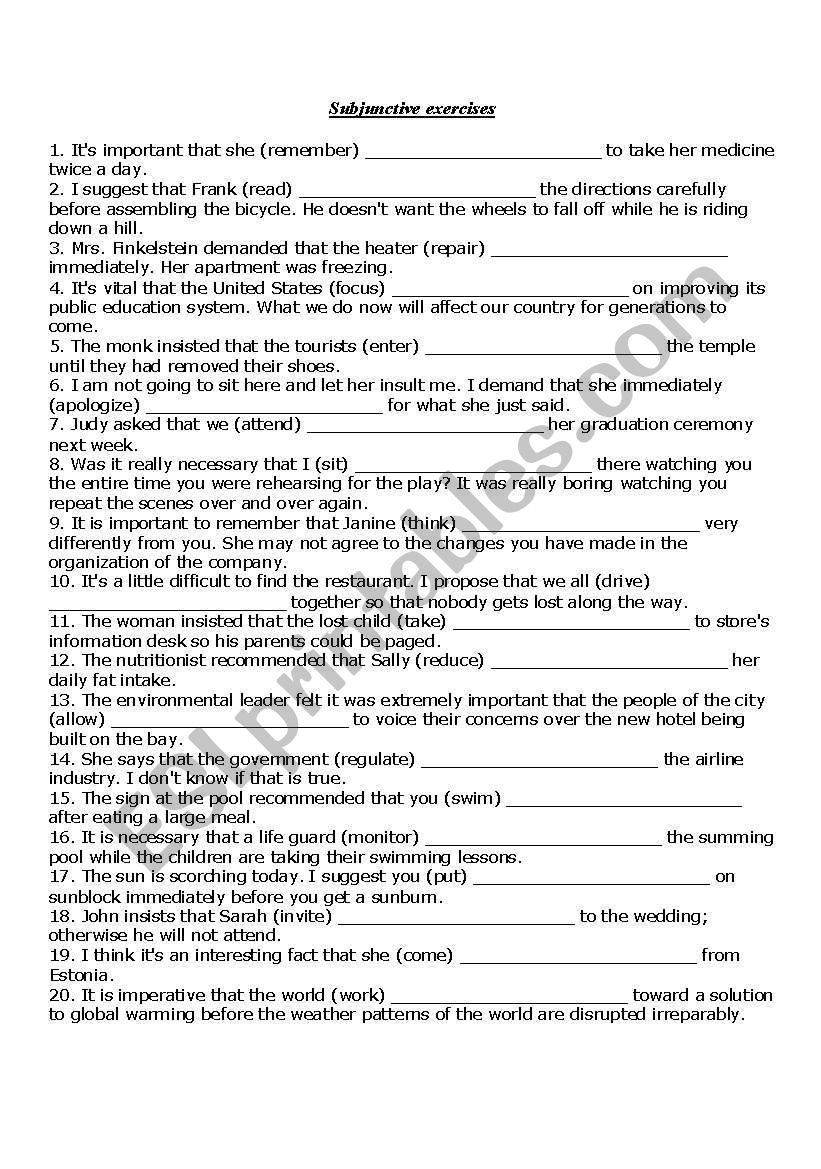 the subjunctive worksheet worksheet