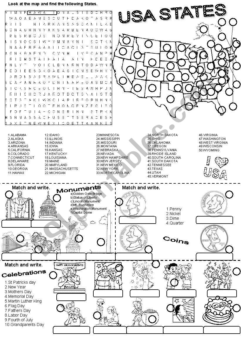 Wordsearch USA STATES worksheet