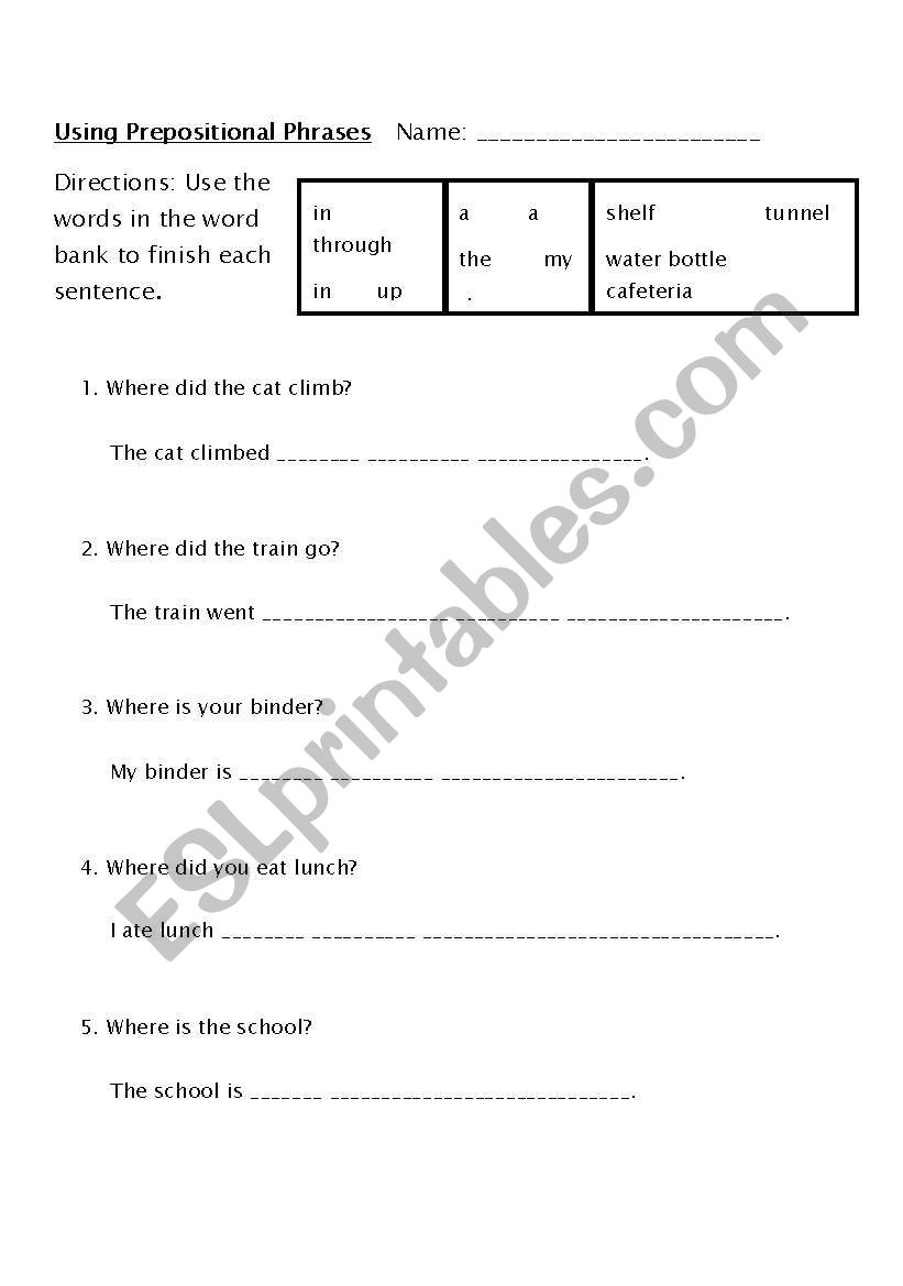 Using Prepositional Phrases worksheet