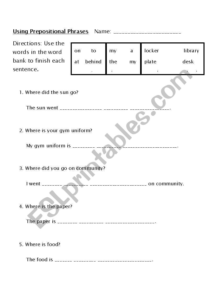 Using Prepositional Phrases 3 worksheet