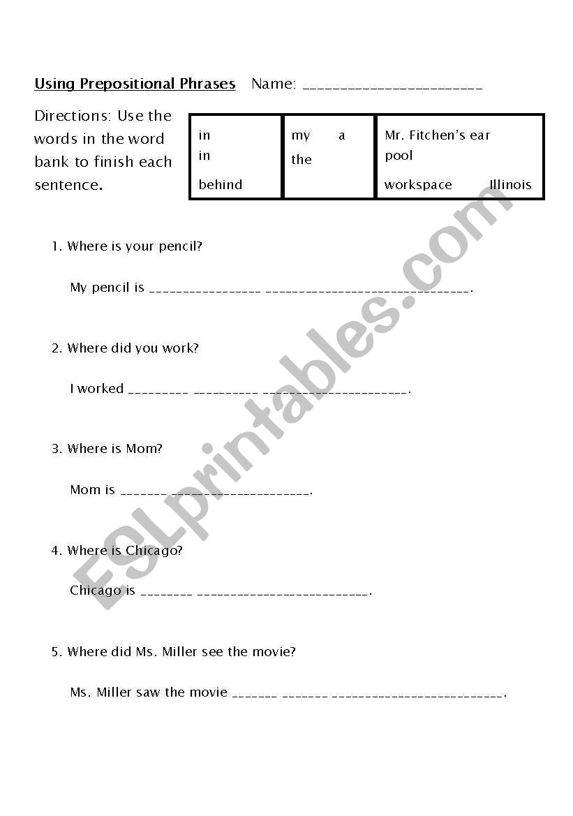 Using Prepositional Phrases 4 worksheet