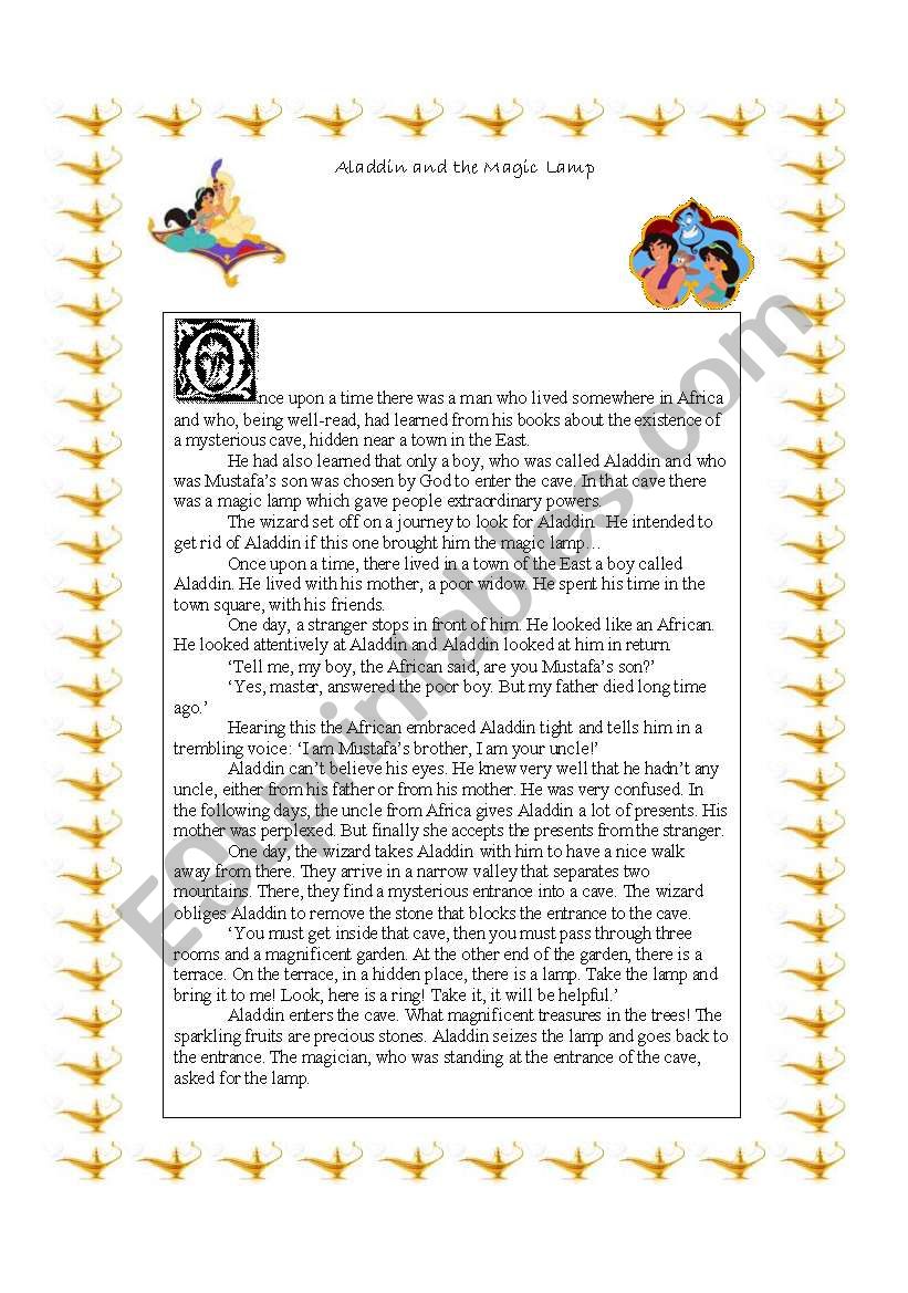 Aladdin and the magic lamp worksheet