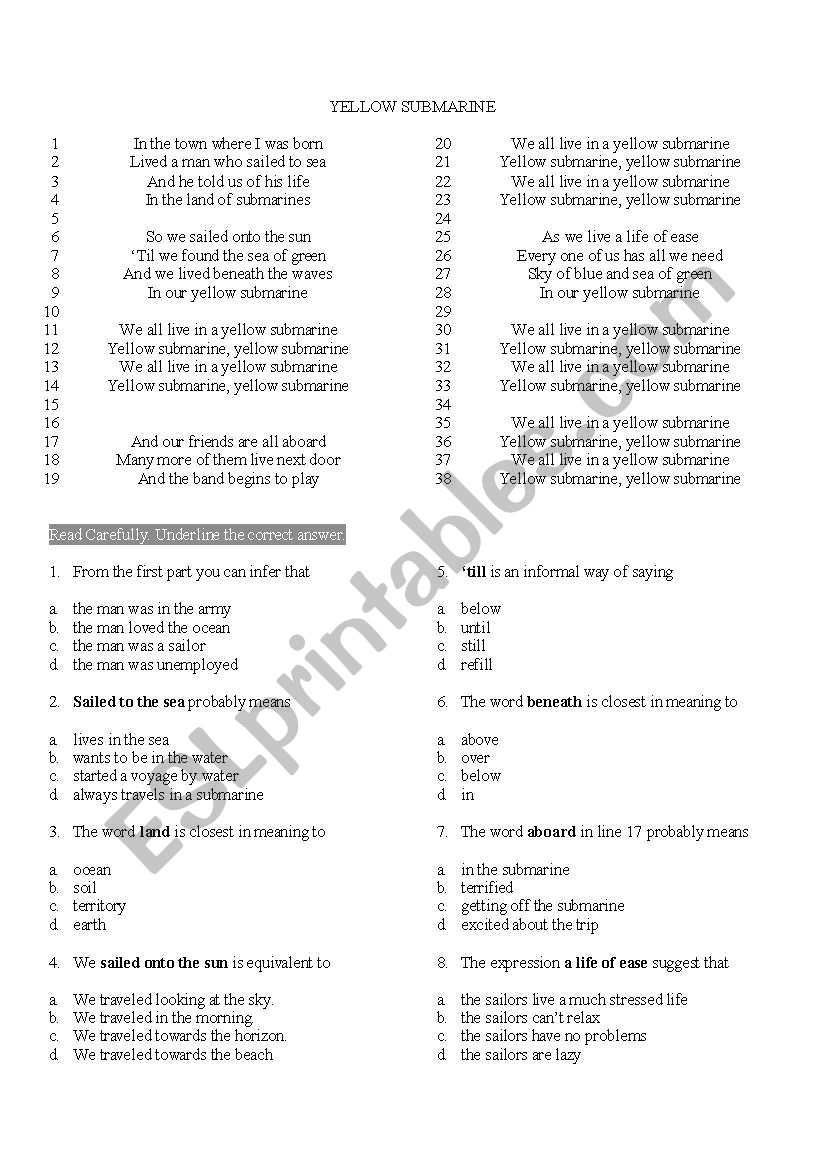 Yellow Submarine worksheet