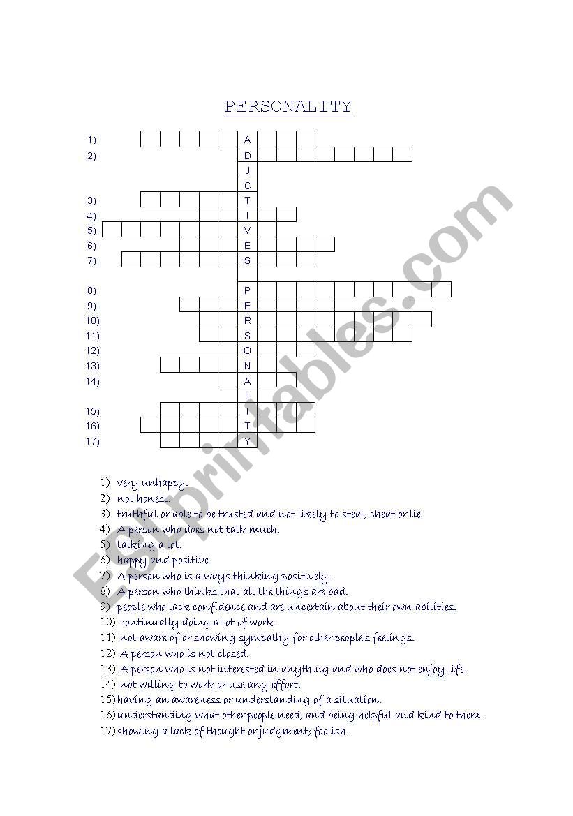 Personality crossword worksheet