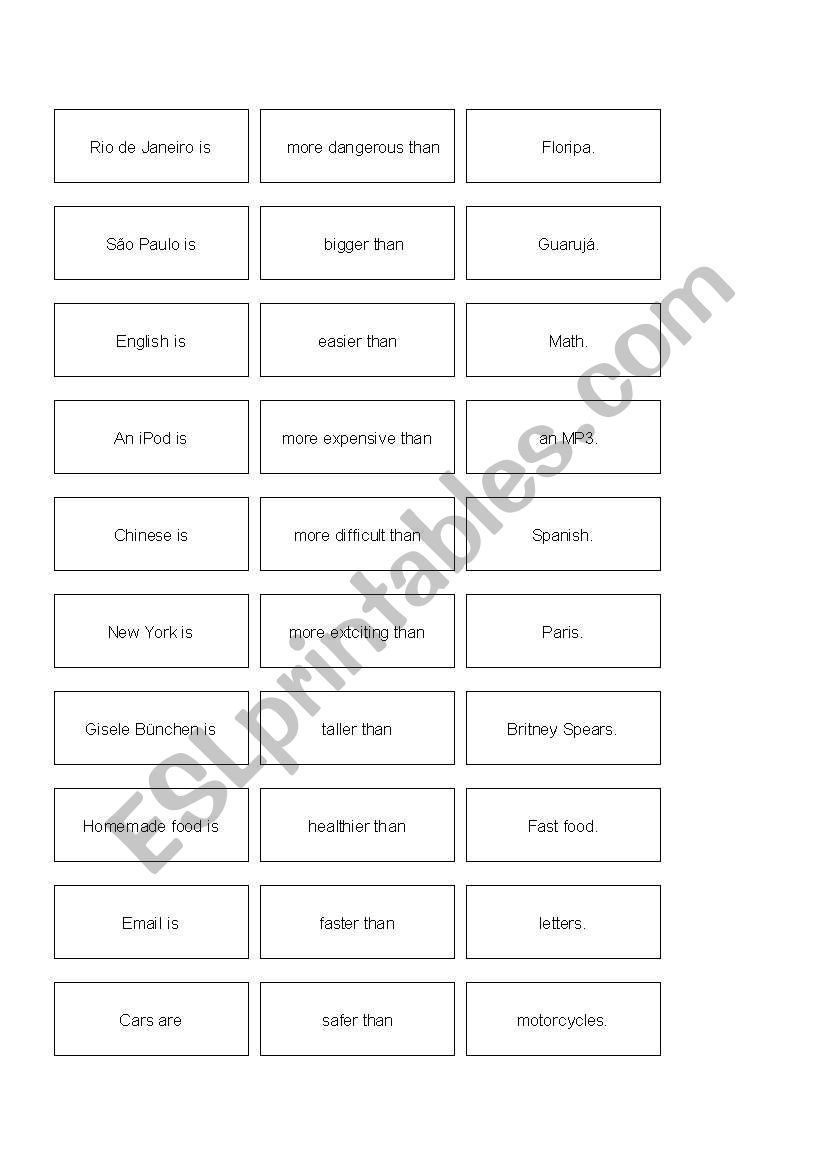 Comparative match up worksheet