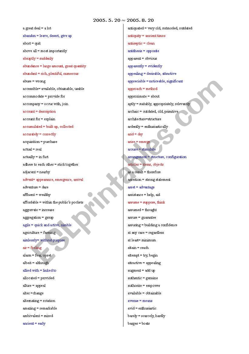 vocab for exam worksheet