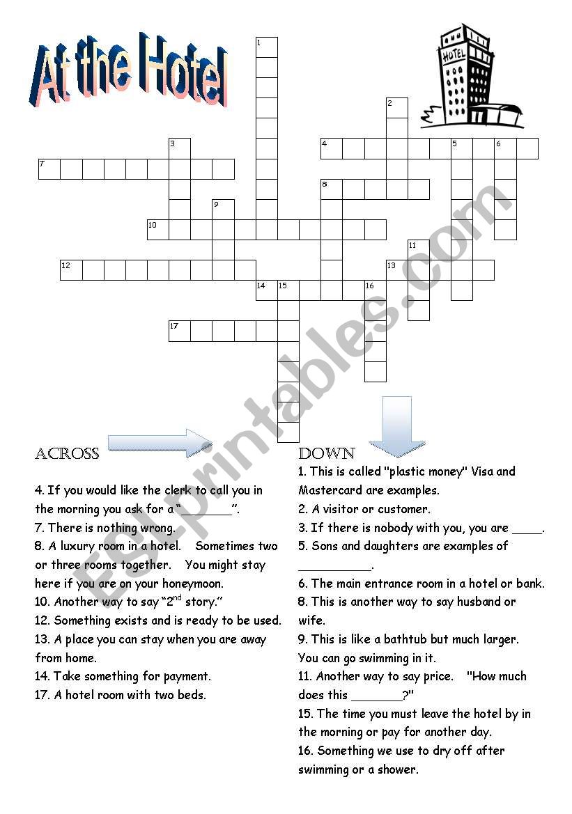 Hotel Vocab Crossword worksheet