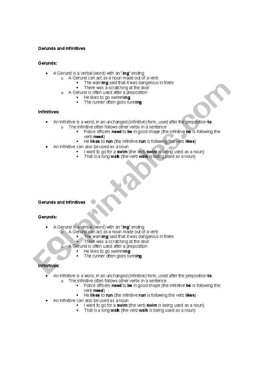 Gerunds and infinitives worksheet