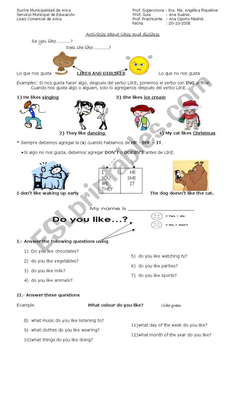 Likes and dislikes worksheet