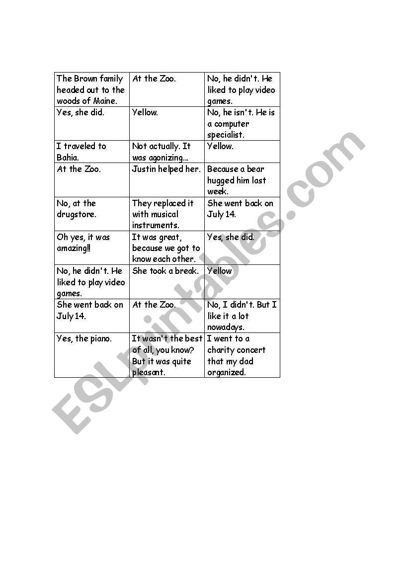 Question and Answer Bingo worksheet