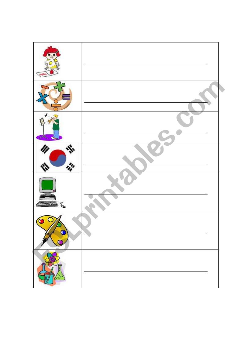 school subject pictionary worksheet