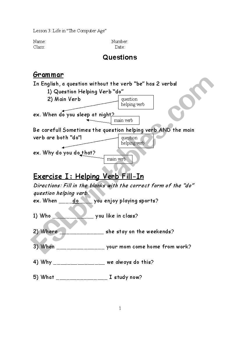 Questions and Actions worksheet